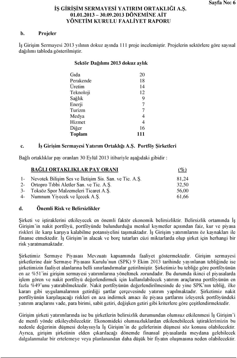 Portföy ġirketleri Bağlı ortaklıklar pay oranları 30 Eylül 2013 itibariyle aģağıdaki gibidir : BAĞLI ORTAKLIKLAR PAY ORANI (%) 1- Nevotek BiliĢim Ses ve ĠletiĢim Sis. San. ve Tic. A.ġ. 81,24 2- Ortopro Tıbbi Aletler San.