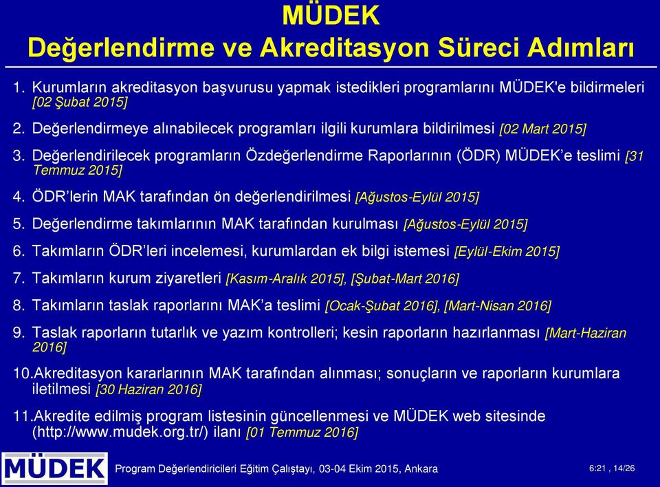 ÖDR lerin MAK tarafından ön değerlendirilmesi [Ağusts-Eylül 2015] 5. Değerlendirme takımlarının MAK tarafından kurulması [Ağusts-Eylül 2015] 6.