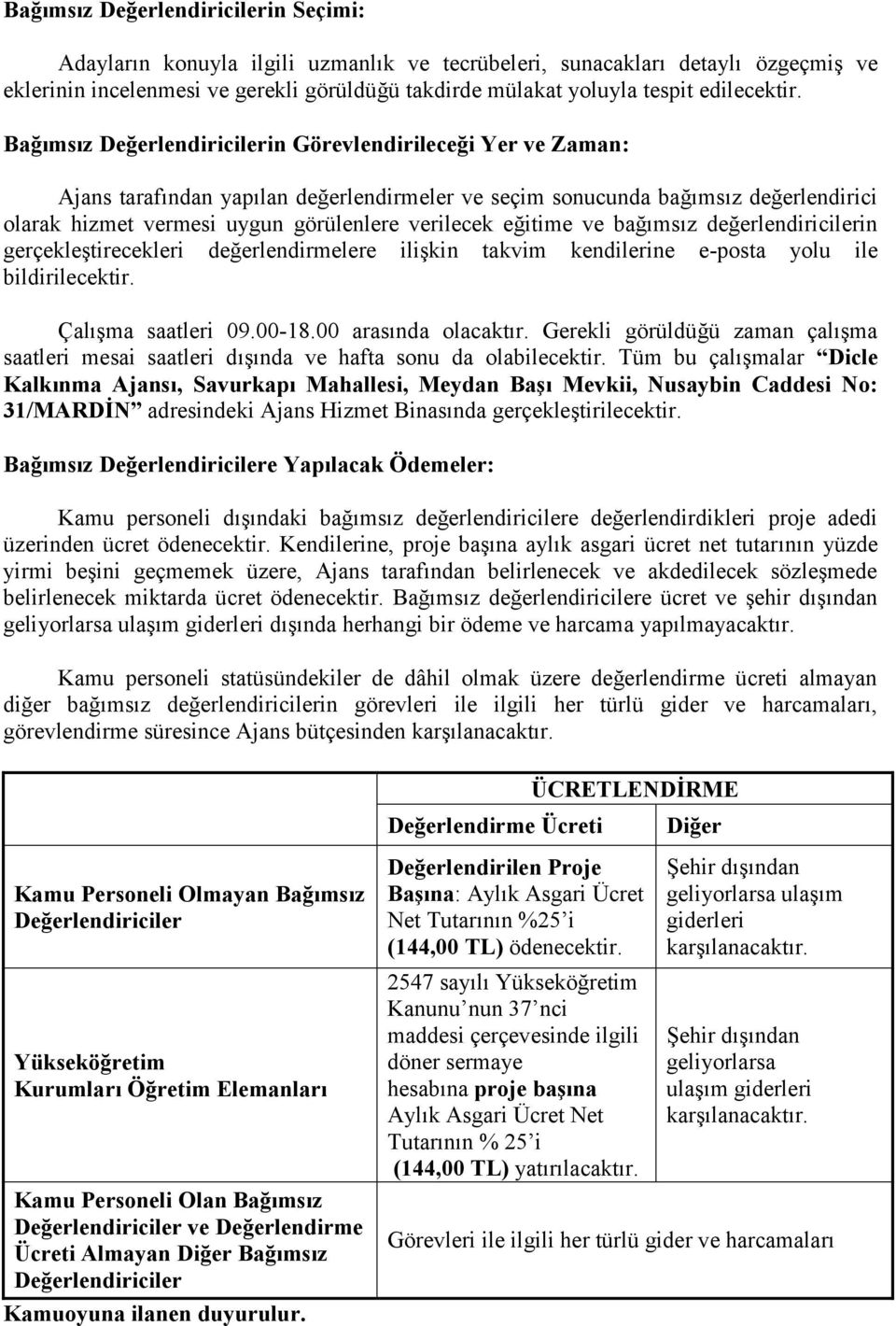 Bağımsız Değerlendiricilerin Görevlendirileceği Yer ve Zaman: Ajans tarafından yapılan değerlendirmeler ve seçim sonucunda bağımsız değerlendirici olarak hizmet vermesi uygun görülenlere verilecek