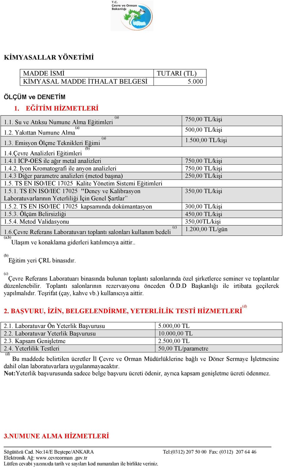 Iyon Kromatografi ile anyon analizleri 750,00 TL/kişi 1.4.3 Diğer parametre analizleri (metod başına) 250,00 TL/kişi 1.5. TS EN ISO/IEC 17025 Kalite Yönetim Sistemi Eğitimleri 1.5.1. TS EN ISO/IEC 17025 "Deney ve Kalibrasyon 350,00 TL/kişi Laboratuvarlarının Yeterliliği İçin Genel Şartlar 1.