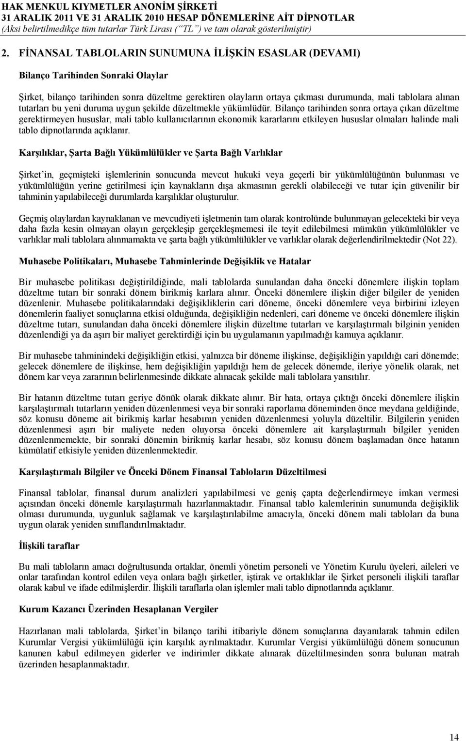 Bilanço tarihinden sonra ortaya çıkan düzeltme gerektirmeyen hususlar, mali tablo kullanıcılarının ekonomik kararlarını etkileyen hususlar olmaları halinde mali tablo dipnotlarında açıklanır.