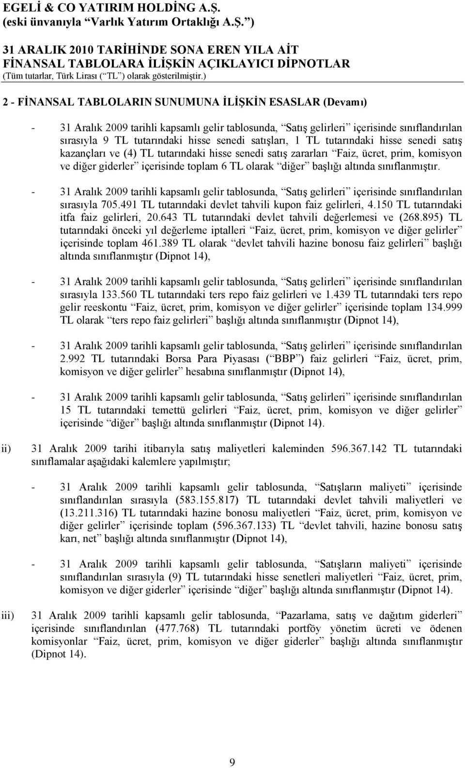 altında sınıflanmıştır. - 31 Aralık 2009 tarihli kapsamlı gelir tablosunda, Satış gelirleri içerisinde sınıflandırılan sırasıyla 705.491 TL tutarındaki devlet tahvili kupon faiz gelirleri, 4.