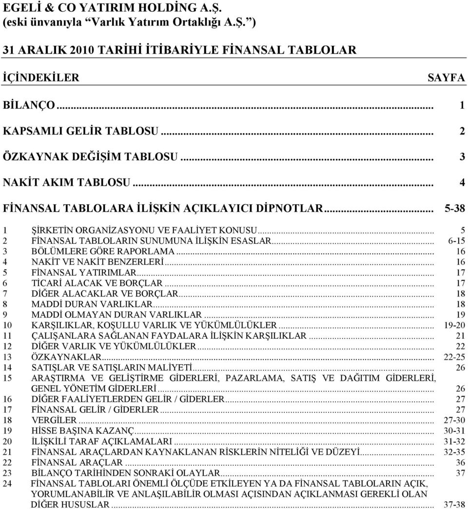 .. 17 6 TİCARİ ALACAK VE BORÇLAR... 17 7 DİĞER ALACAKLAR VE BORÇLAR... 18 8 MADDİ DURAN VARLIKLAR... 18 9 MADDİ OLMAYAN DURAN VARLIKLAR... 19 10 KARŞILIKLAR, KOŞULLU VARLIK VE YÜKÜMLÜLÜKLER.