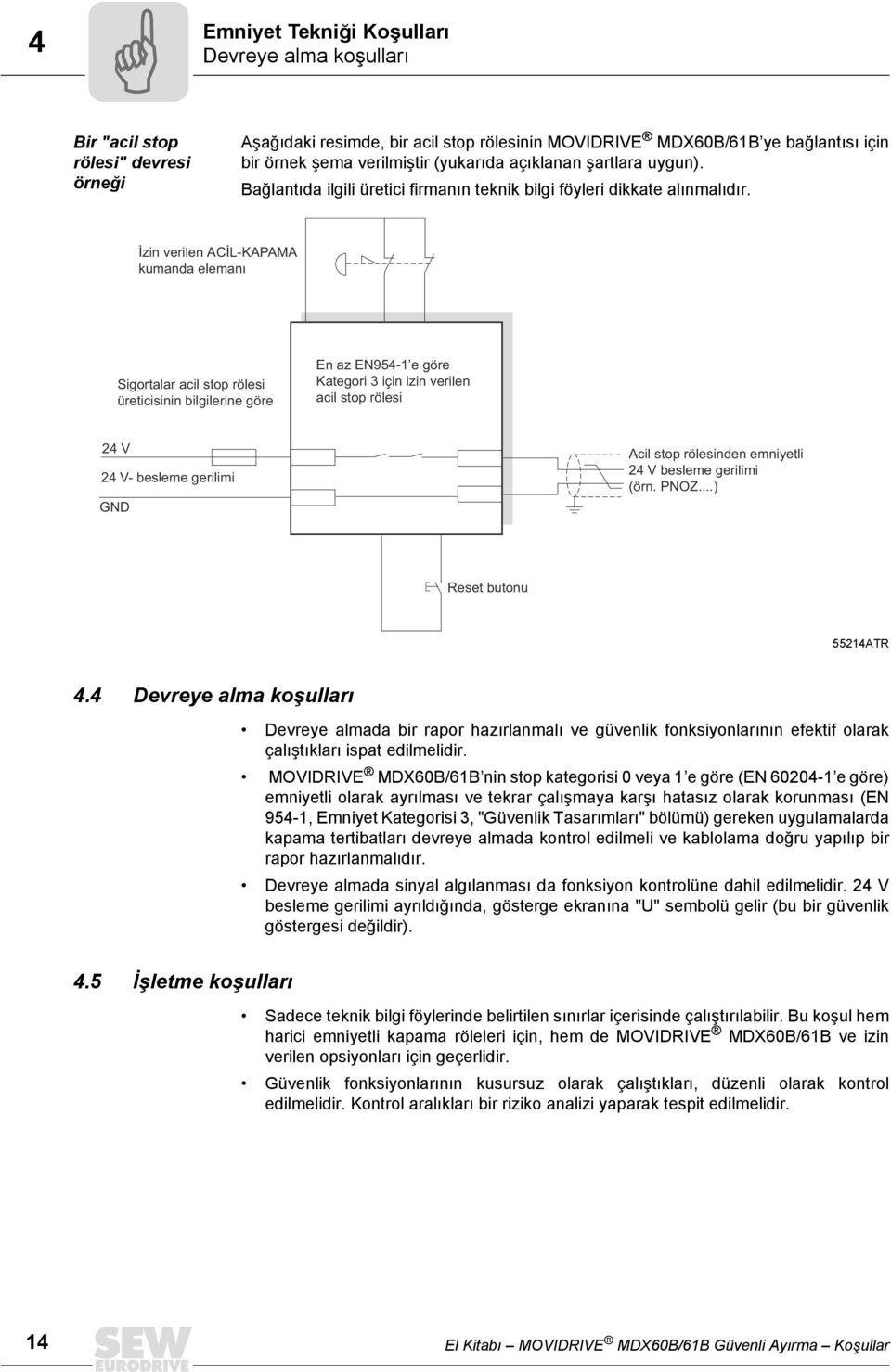 İzin verilen ACİL-KAPAMA kumanda elemanı Sigortalar acil stop rölesi üreticisinin bilgilerine göre En az EN954-1 e göre Kategori 3 için izin verilen acil stop rölesi 24 V 24 V- besleme gerilimi GND