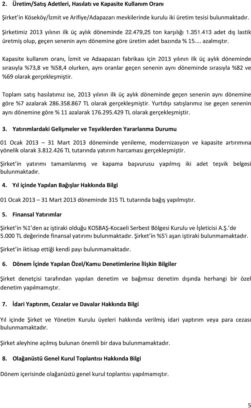 Kapasite kullanım oranı, İzmit ve Adaapazarı fabrikası için 2013 yılının ilk üç aylık döneminde sırasıyla %73,8 ve %58,4 olurken, aynı oranlar geçen senenin aynı döneminde sırasıyla %82 ve %69 olarak