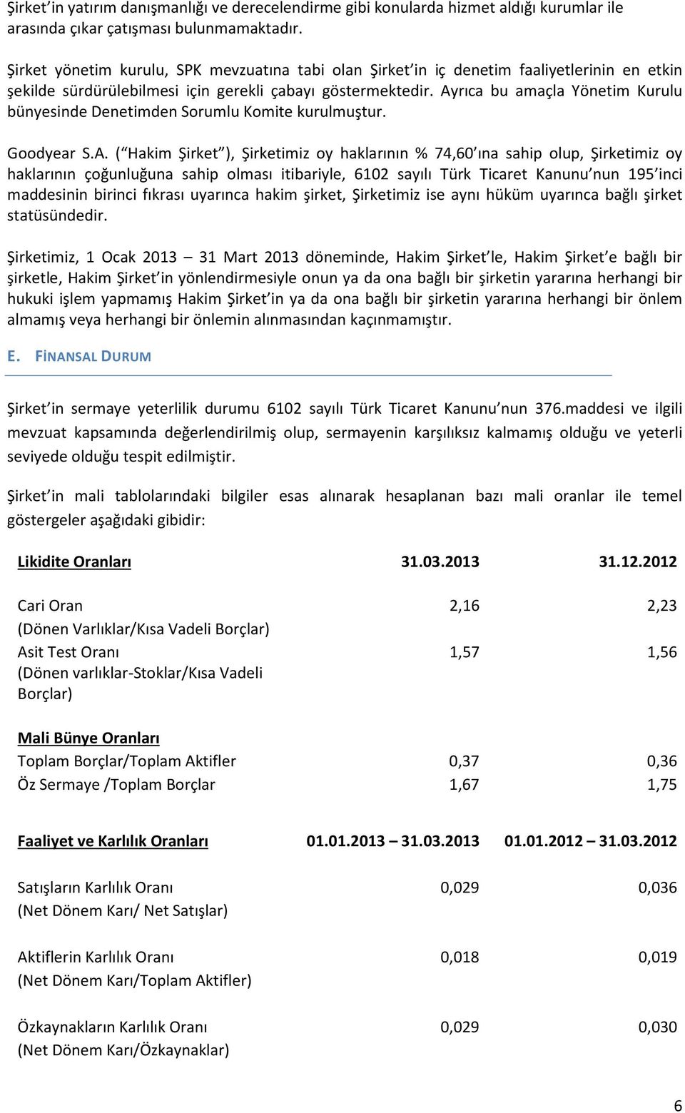 Ayrıca bu amaçla Yönetim Kurulu bünyesinde Denetimden Sorumlu Komite kurulmuştur. Goodyear S.A. ( Hakim Şirket ), Şirketimiz oy haklarının % 74,60 ına sahip olup, Şirketimiz oy haklarının çoğunluğuna