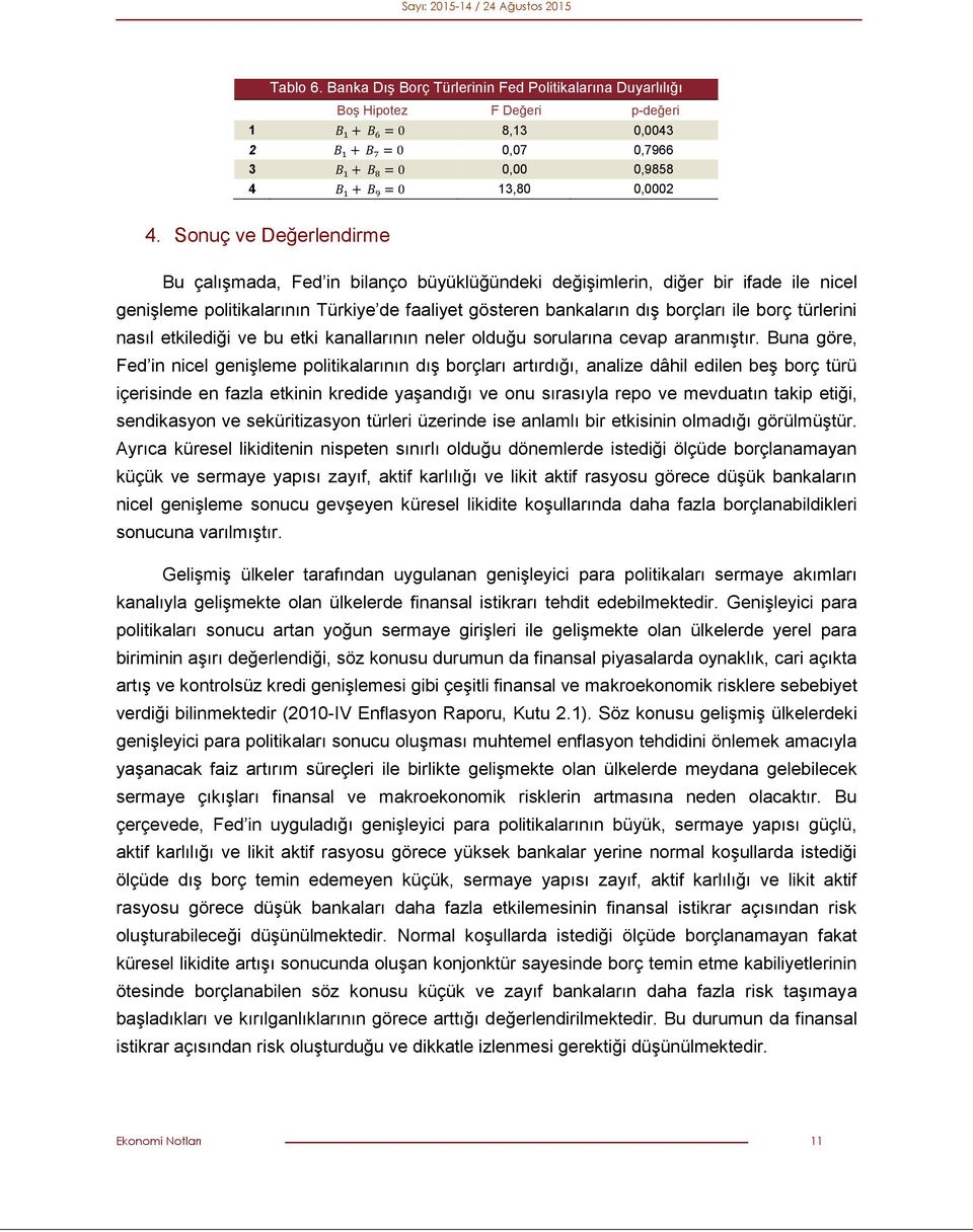 4. Sonuç ve Değerlendirme Bu çalışmada, Fed in bilanço büyüklüğündeki değişimlerin, diğer bir ifade ile nicel genişleme politikalarının Türkiye de faaliyet gösteren bankaların dış borçları ile borç