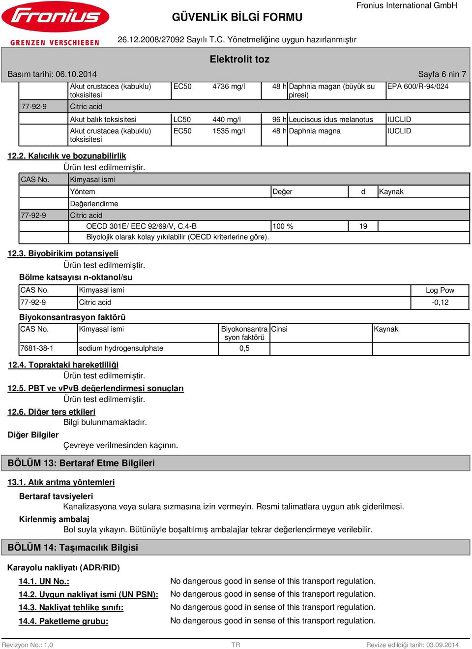 idus melanotus Akut crustacea (kabuklu) toksisitesi EC50 1535 mg/l 48 h Daphnia magna 12.2. Kalıcılık ve bozunabilirlik 77-92-9 Yöntem Değerlendirme Citric acid Değer OECD 301E/ EEC 92/69/V, C.