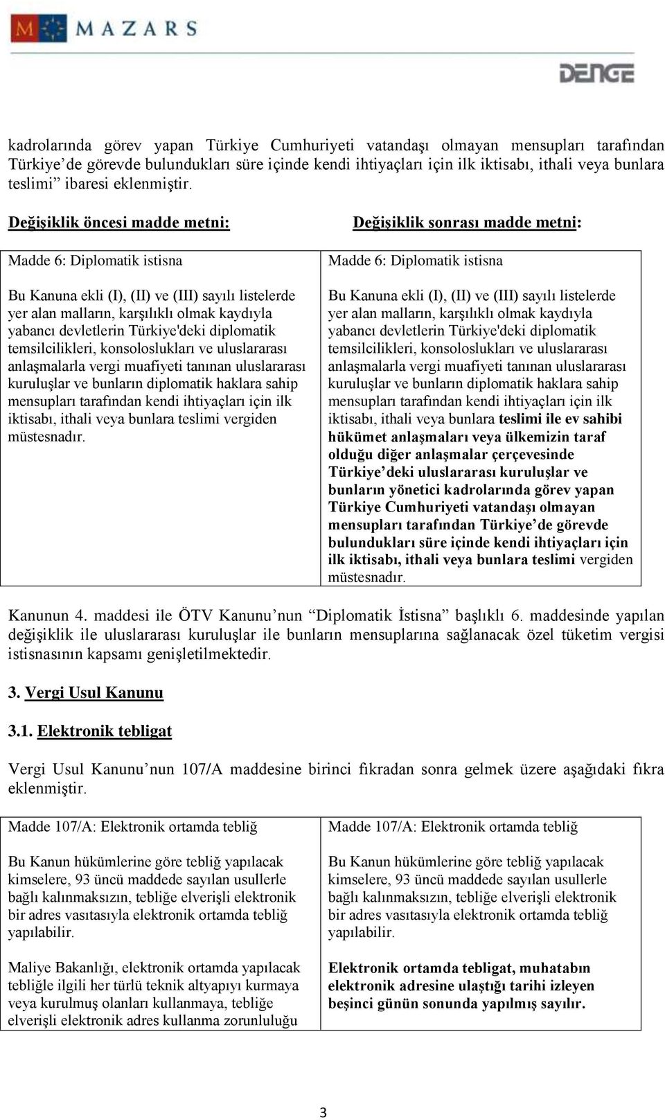 Değişiklik öncesi madde metni: Madde 6: Diplomatik istisna Bu Kanuna ekli (I), (II) ve (III) sayılı listelerde yer alan malların, karşılıklı olmak kaydıyla yabancı devletlerin Türkiye'deki diplomatik