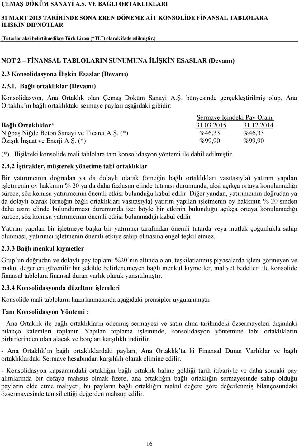 2.3.2 İştirakler, müşterek yönetime tabi ortaklıklar Bir yatırımcının doğrudan ya da dolaylı olarak (örneğin bağlı ortaklıkları vasıtasıyla) yatırım yapılan işletmenin oy hakkının % 20 ya da daha