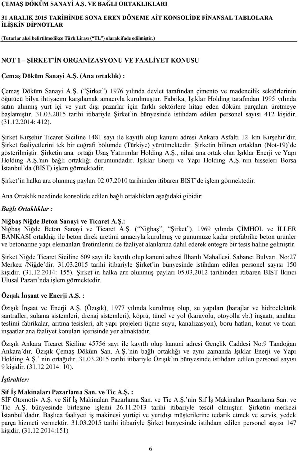 Fabrika, Işıklar Holding tarafından 1995 yılında satın alınmış yurt içi ve yurt dışı pazarlar için farklı sektörlere hitap eden döküm parçaları üretmeye başlamıştır. 31.03.