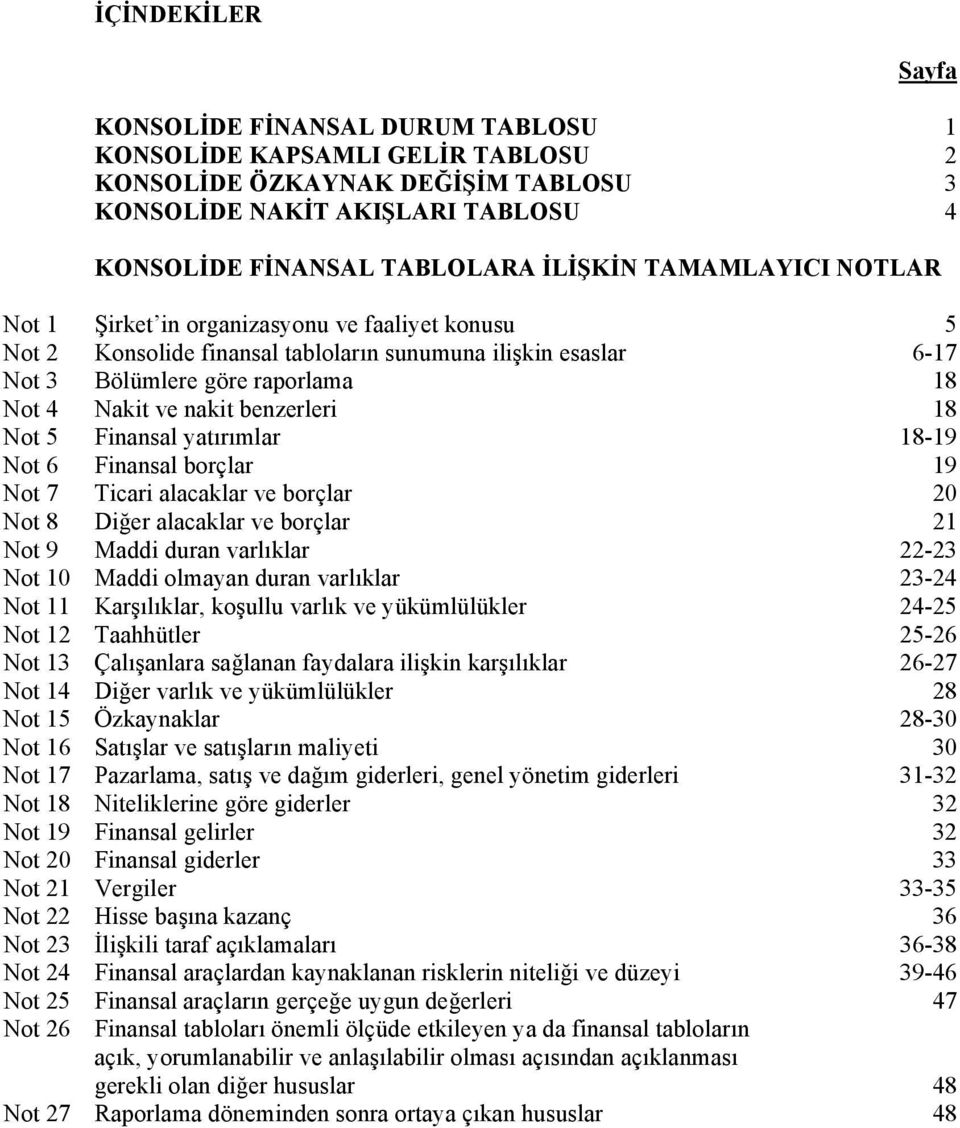 benzerleri 18 Not 50 Finansal yatırımlar 18-19 Not 60 Finansal borçlar 19 Not 70 Ticari alacaklar ve borçlar 20 Not 80 Diğer alacaklar ve borçlar 21 Not 90 Maddi duran varlıklar 22-23 Not 10 Maddi