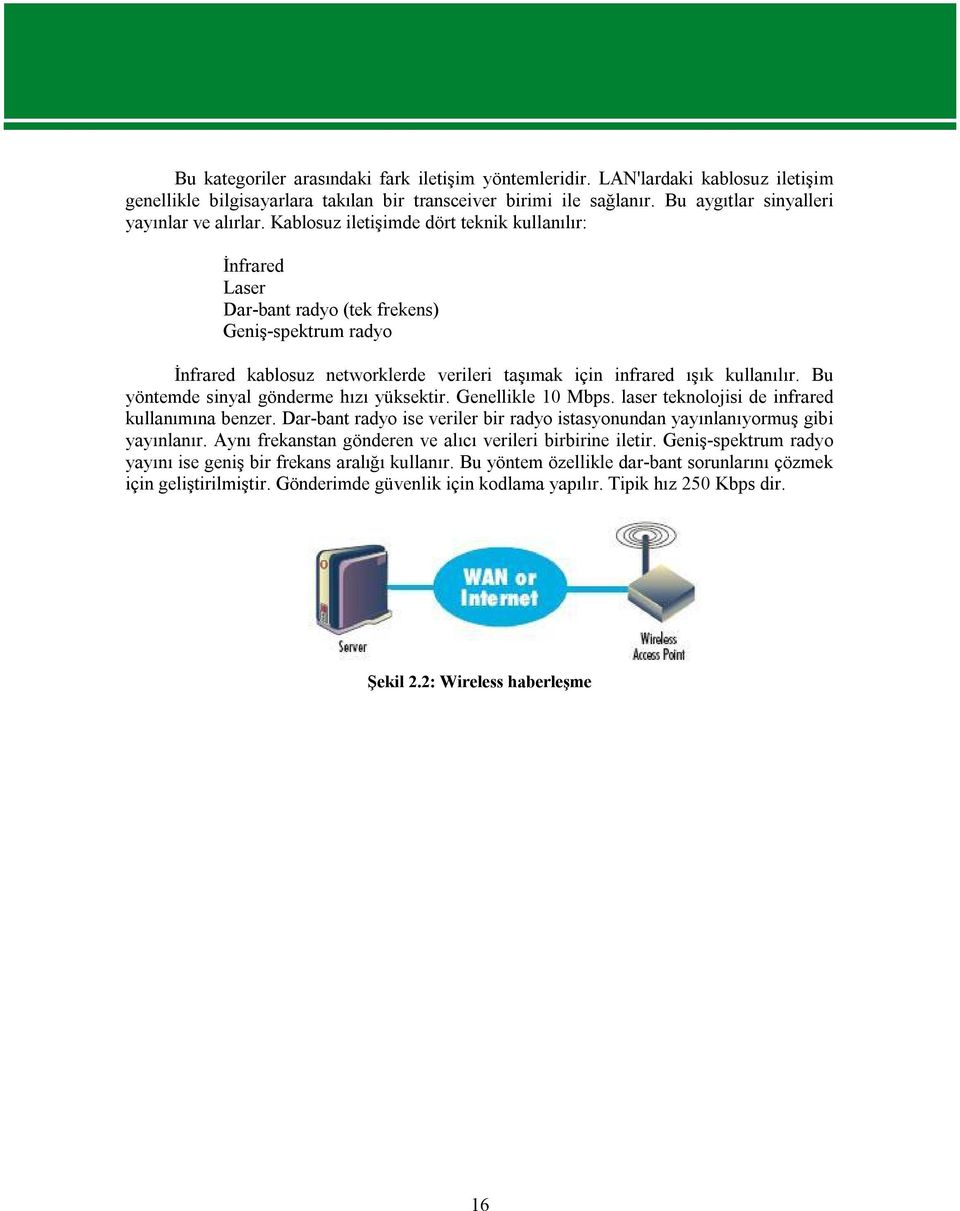 Bu yöntemde sinyal gönderme hızı yüksektir. Genellikle 10 Mbps. laser teknolojisi de infrared kullanımına benzer. Dar-bant radyo ise veriler bir radyo istasyonundan yayınlanıyormuş gibi yayınlanır.