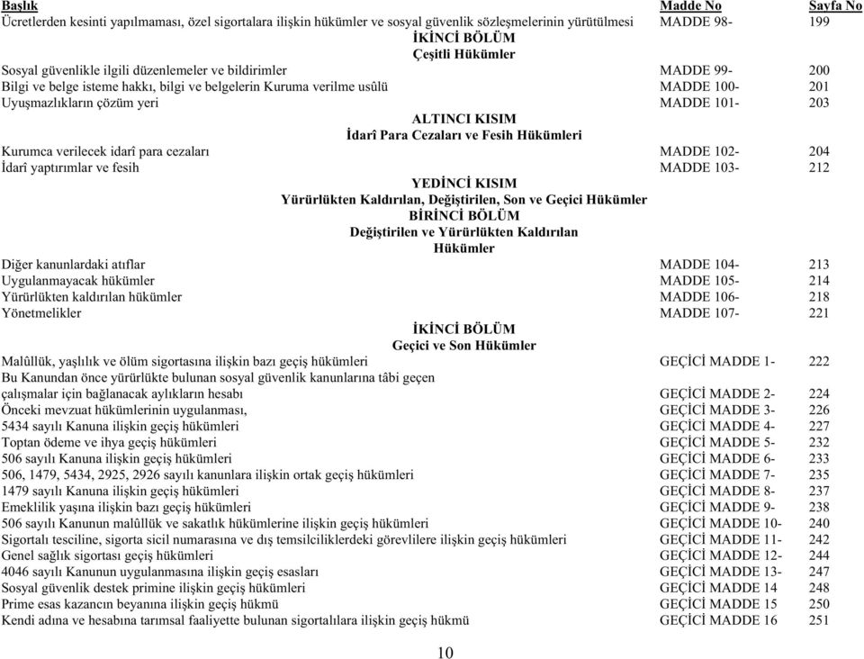 Cezaları ve Fesih Hükümleri Kurumca verilecek idarî para cezaları MADDE 102-204 darî yaptırımlar ve fesih MADDE 103-212 YED NC KISIM Yürürlükten Kaldırılan, De i tirilen, Son ve Geçici Hükümler B R