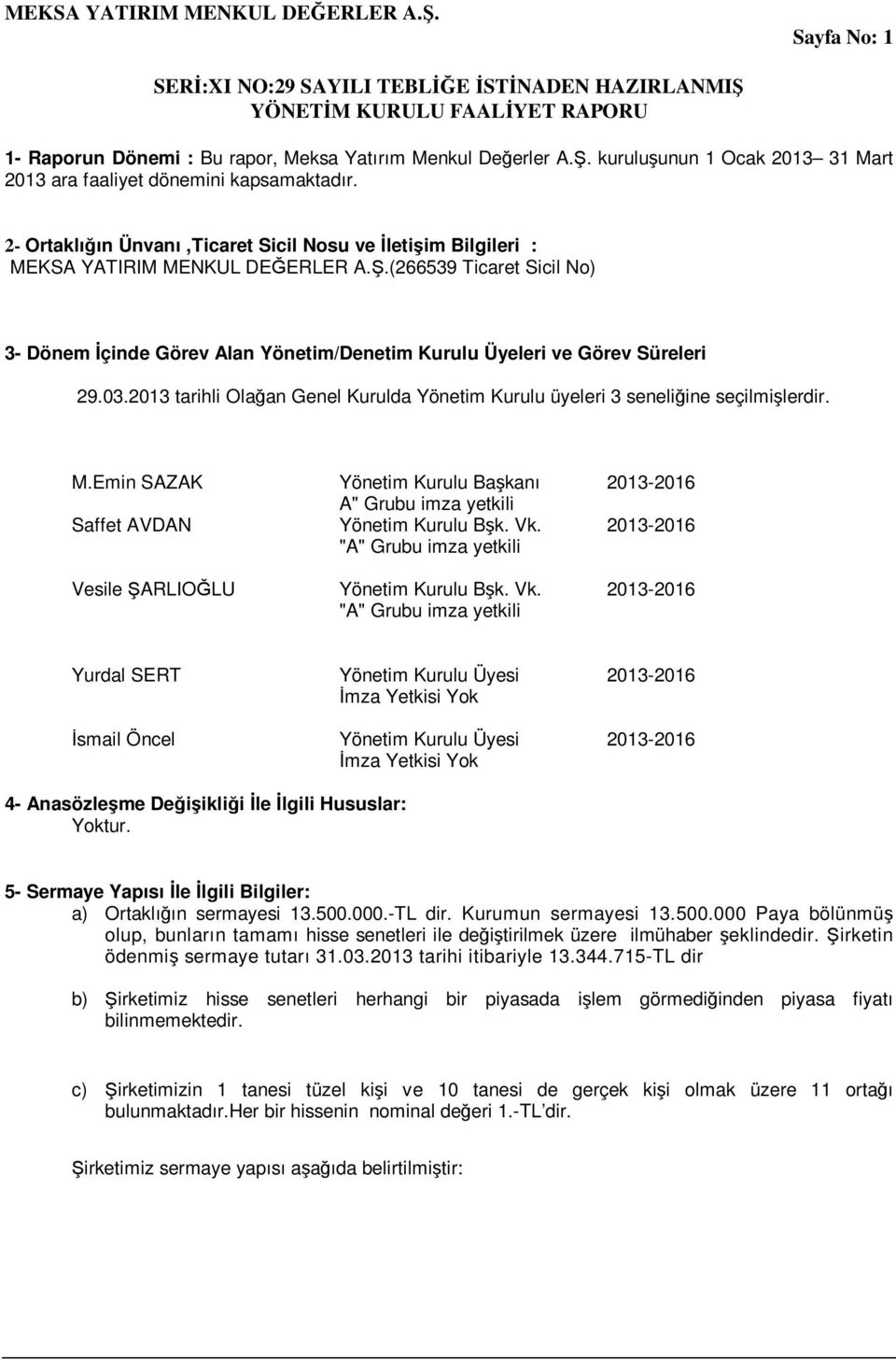 (266539 Ticaret Sicil No) 3- Dönem Đçinde Görev Alan Yönetim/Denetim Kurulu Üyeleri ve Görev Süreleri 29.03.2013 tarihli Olağan Genel Kurulda Yönetim Kurulu üyeleri 3 seneliğine seçilmişlerdir. M.