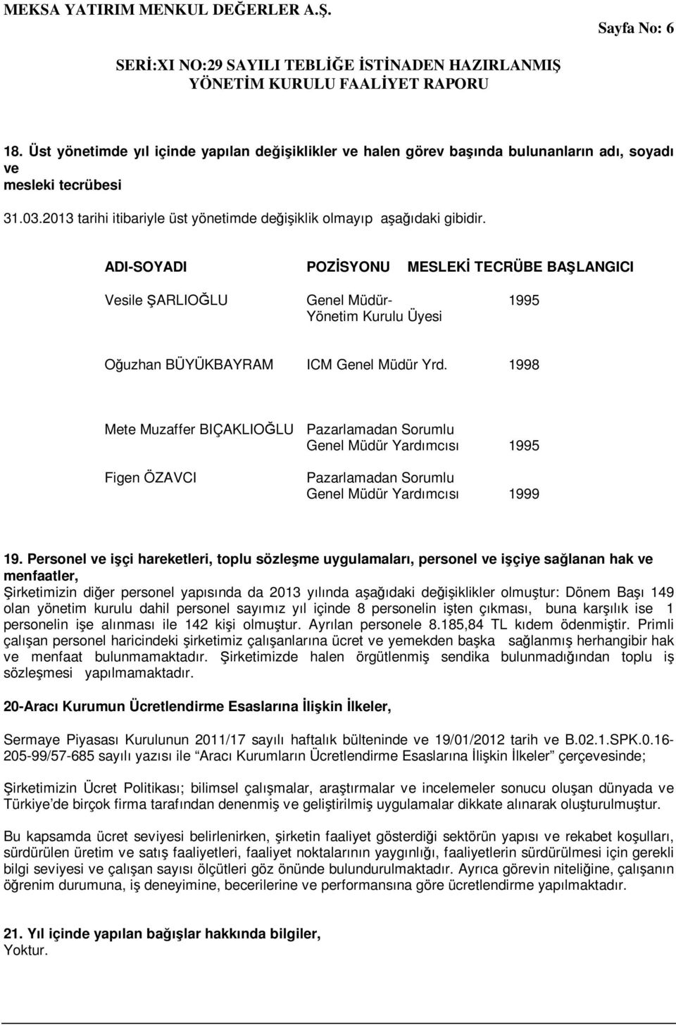 ADI-SOYADI POZĐSYONU MESLEKĐ TECRÜBE BAŞLANGICI Vesile ŞARLIOĞLU Genel Müdür- 1995 Yönetim Kurulu Üyesi Oğuzhan BÜYÜKBAYRAM ICM Genel Müdür Yrd.