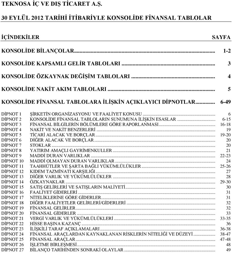 .. 6-15 DİPNOT 3 FİNANSAL BİLGİLERİN BÖLÜMLERE GÖRE RAPORLANMASI... 16-18 DİPNOT 4 NAKİT VE NAKİT BENZERLERİ... 19 DİPNOT 5 TİCARİ ALACAK VE BORÇLAR... 19-20 DİPNOT 6 DİĞER ALACAK VE BORÇLAR.