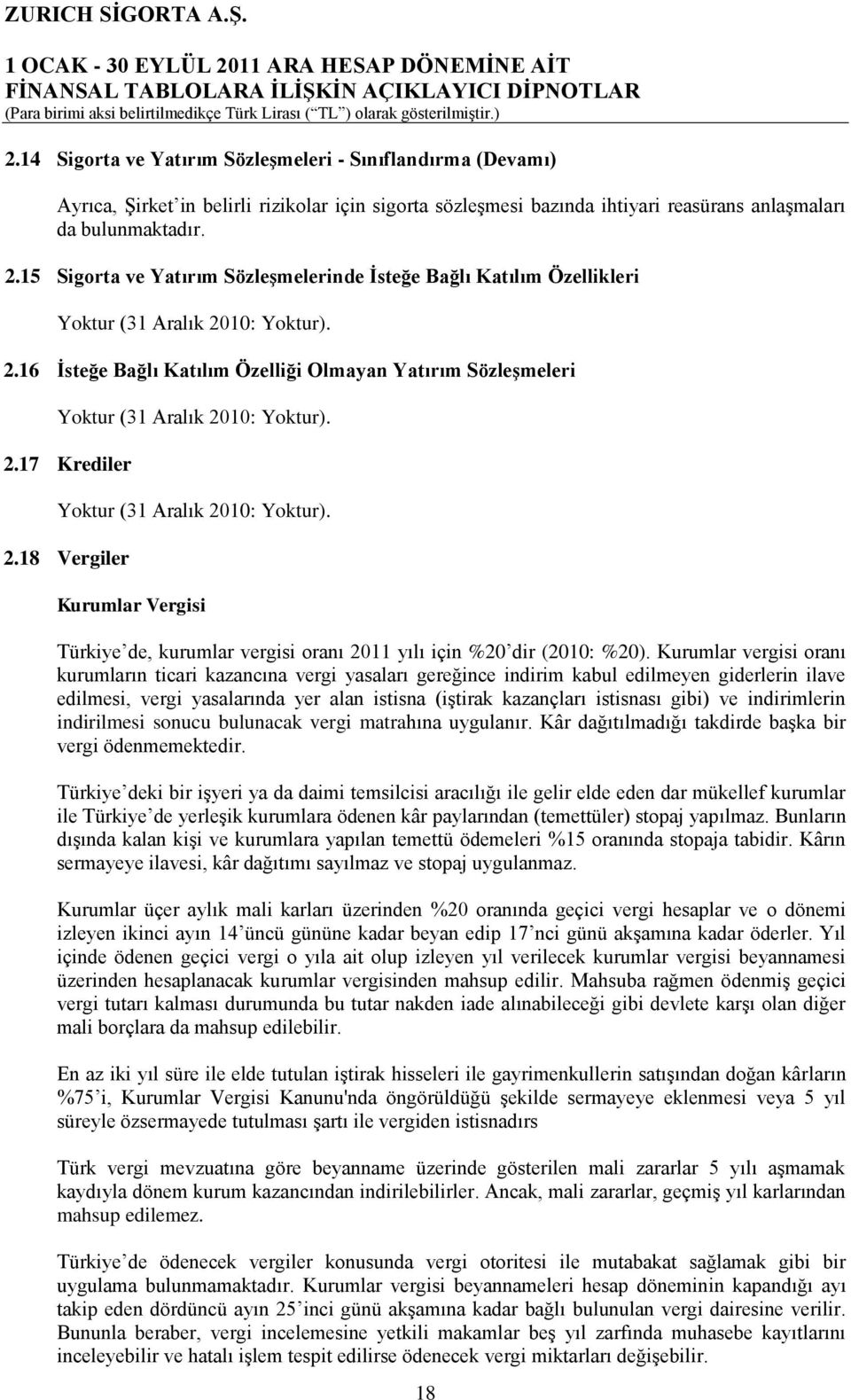 15 Sigorta ve Yatırım Sözleşmelerinde İsteğe Bağlı Katılım Özellikleri Yoktur (31 Aralık 2010: Yoktur). 2.16 İsteğe Bağlı Katılım Özelliği Olmayan Yatırım Sözleşmeleri Yoktur (31 Aralık 2010: Yoktur).