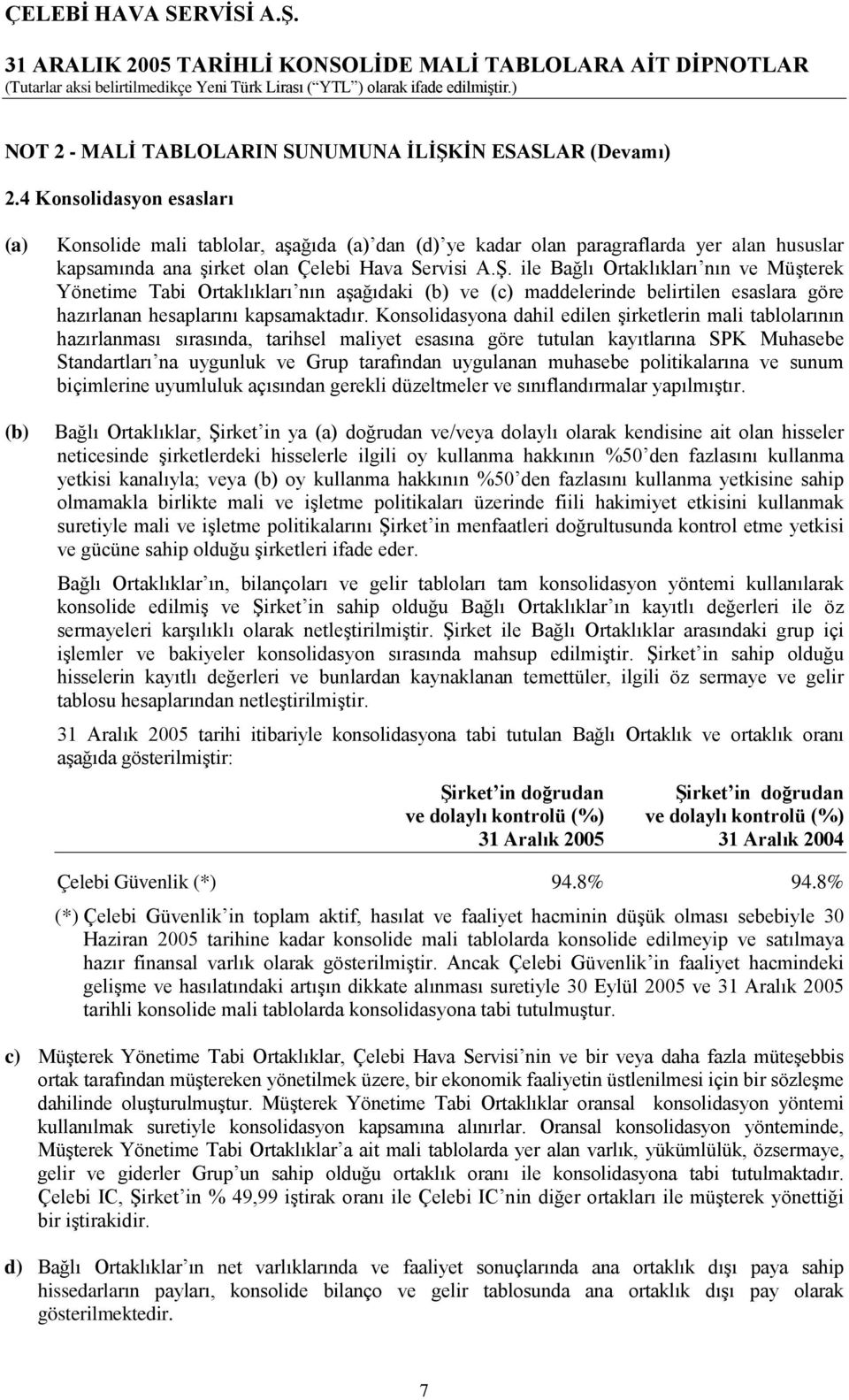 ile Bağlı Ortaklıkları nın ve Müşterek Yönetime Tabi Ortaklıkları nın aşağıdaki (b) ve (c) maddelerinde belirtilen esaslara göre hazırlanan hesaplarını kapsamaktadır.