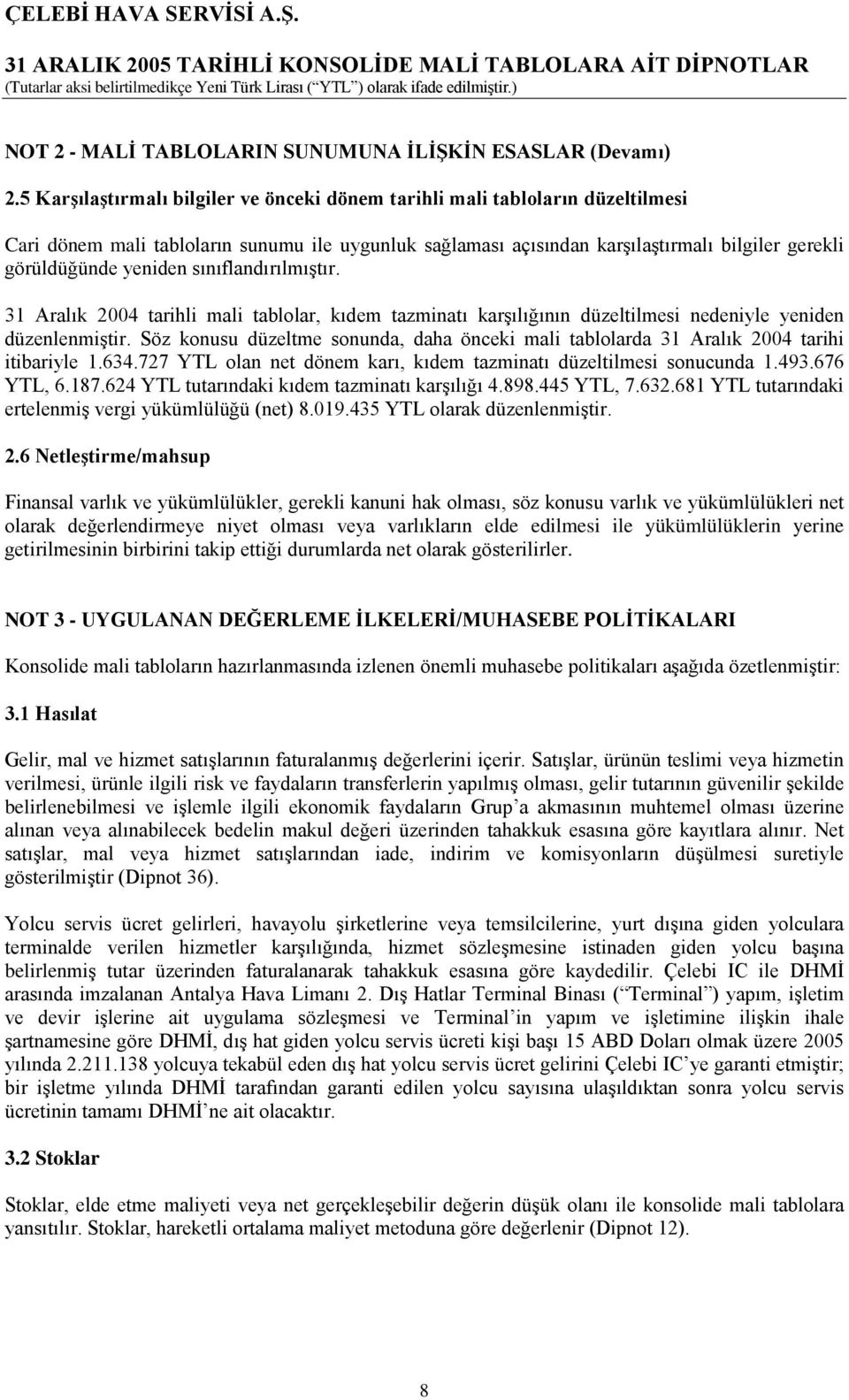 yeniden sınıflandırılmıştır. 31 Aralık 2004 tarihli mali tablolar, kıdem tazminatı karşılığının düzeltilmesi nedeniyle yeniden düzenlenmiştir.