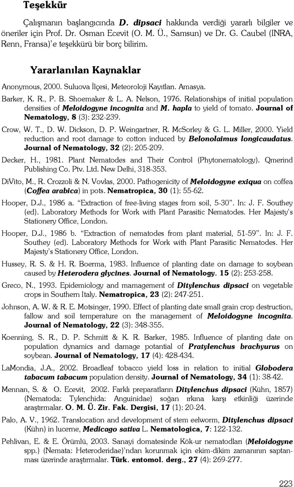 Relationships of initial population densities of Meloidogyne incognita and M. hapla to yield of tomato. Journal of Nematology, 8 (3): 232-239. Crow, W. T., D. W. Dickson, D. P. Weingartner, R.