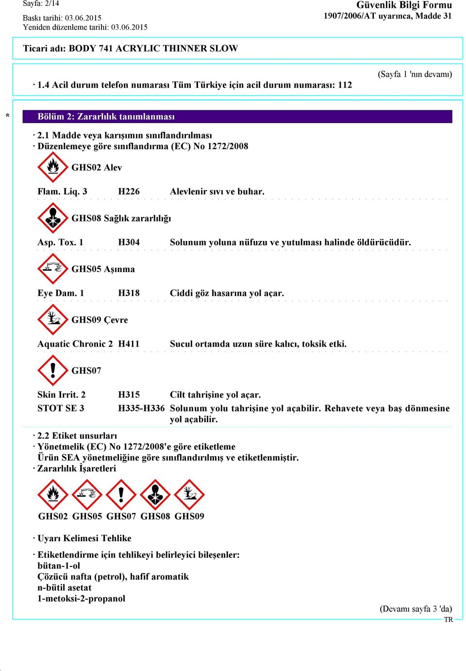 1 H304 Solunum yoluna nüfuzu ve yutulması halinde öldürücüdür. GHS05 Aşınma Eye Dam. 1 H318 Ciddi göz hasarına yol açar. GHS09 Çevre Aquatic Chronic 2 H411 Sucul ortamda uzun süre kalıcı, toksik etki.