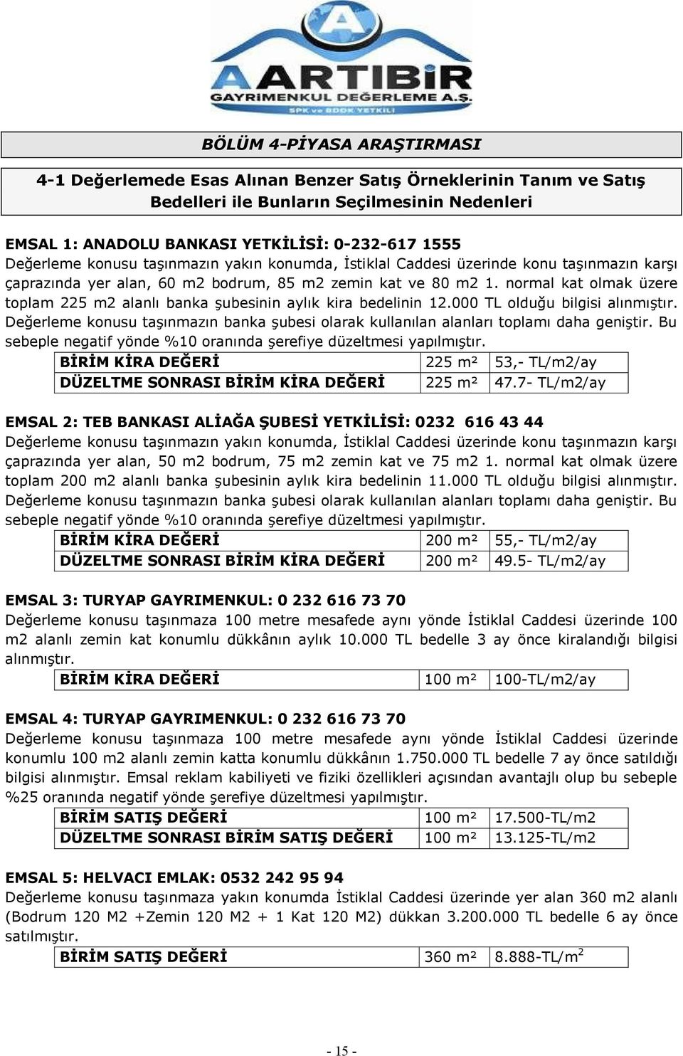 normal kat olmak üzere toplam 225 m2 alanlı banka Ģubesinin aylık kira bedelinin 12.000 TL olduğu bilgisi alınmıģtır.