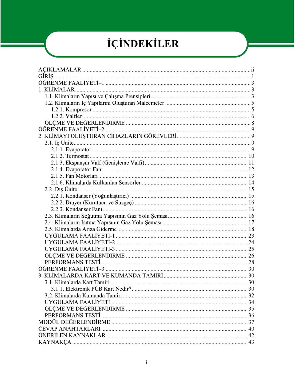 Ekspanşın Valf (Genişleme Valfi)...11 2.1.4. Evaporatör Fanı...12 2.1.5. Fan Motorları...13 2.1.6. Klimalarda Kullanılan Sensörler...14 2.2. Dış Ünite...15 2.2.1. Kondanser (Yoğunlaştırıcı)...15 2.2.2. Drayer (Kurutucu ve Süzgeç).