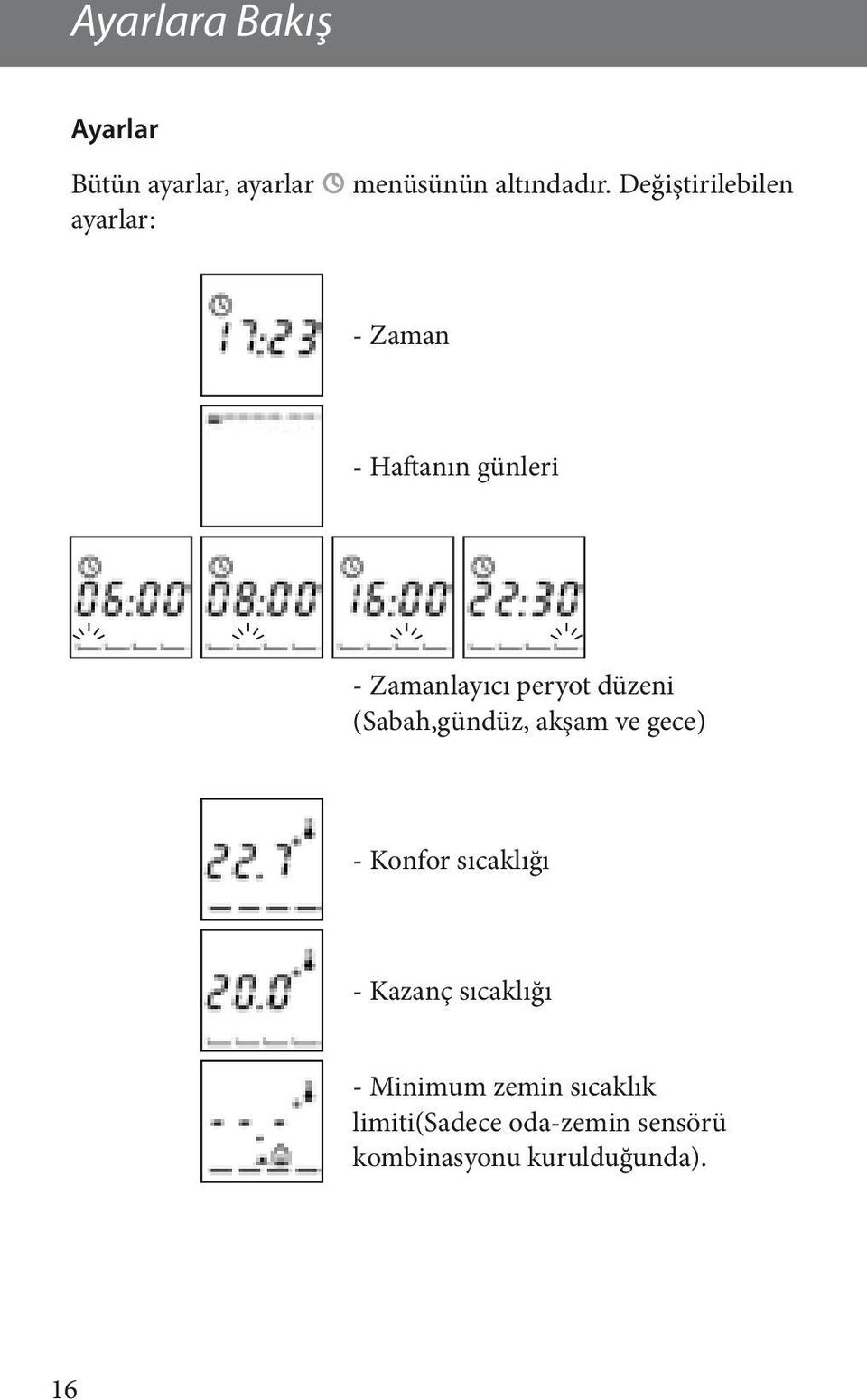 (Sabah,gündüz, akşam ve gece) - Konfor sıcaklığı - Kazanç sıcaklığı -