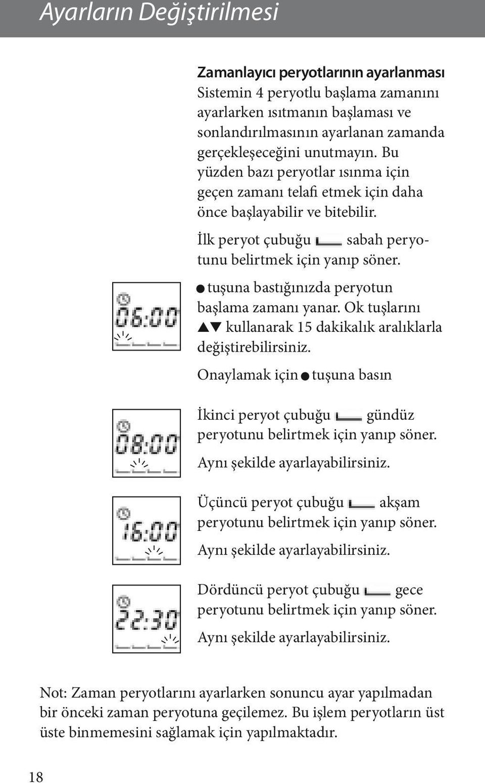 tuşuna bastığınızda peryotun başlama zamanı yanar. Ok tuşlarını kullanarak 15 dakikalık aralıklarla değiştirebilirsiniz.