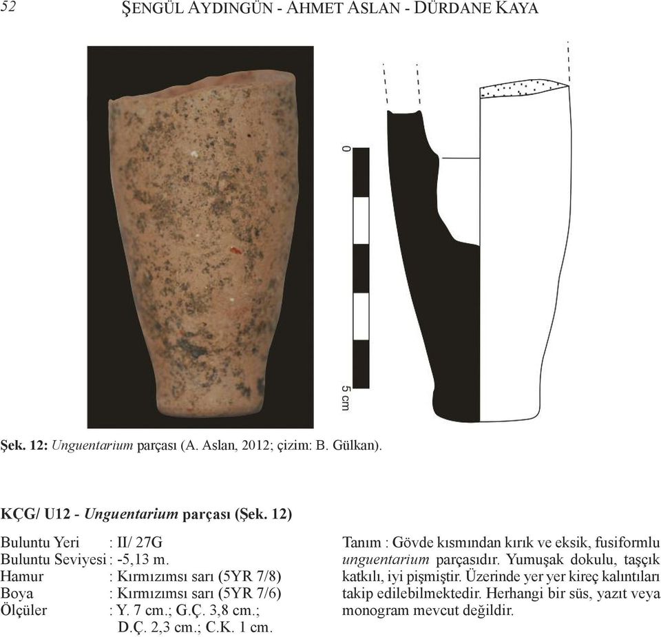 Hamur : Kırmızımsı sarı (5YR 7/8) Boya : Kırmızımsı sarı (5YR 7/6) Ölçüler : Y. 7 cm.; G.Ç. 3,8 cm.; D.Ç. 2,3 cm.; C.K. 1 cm.