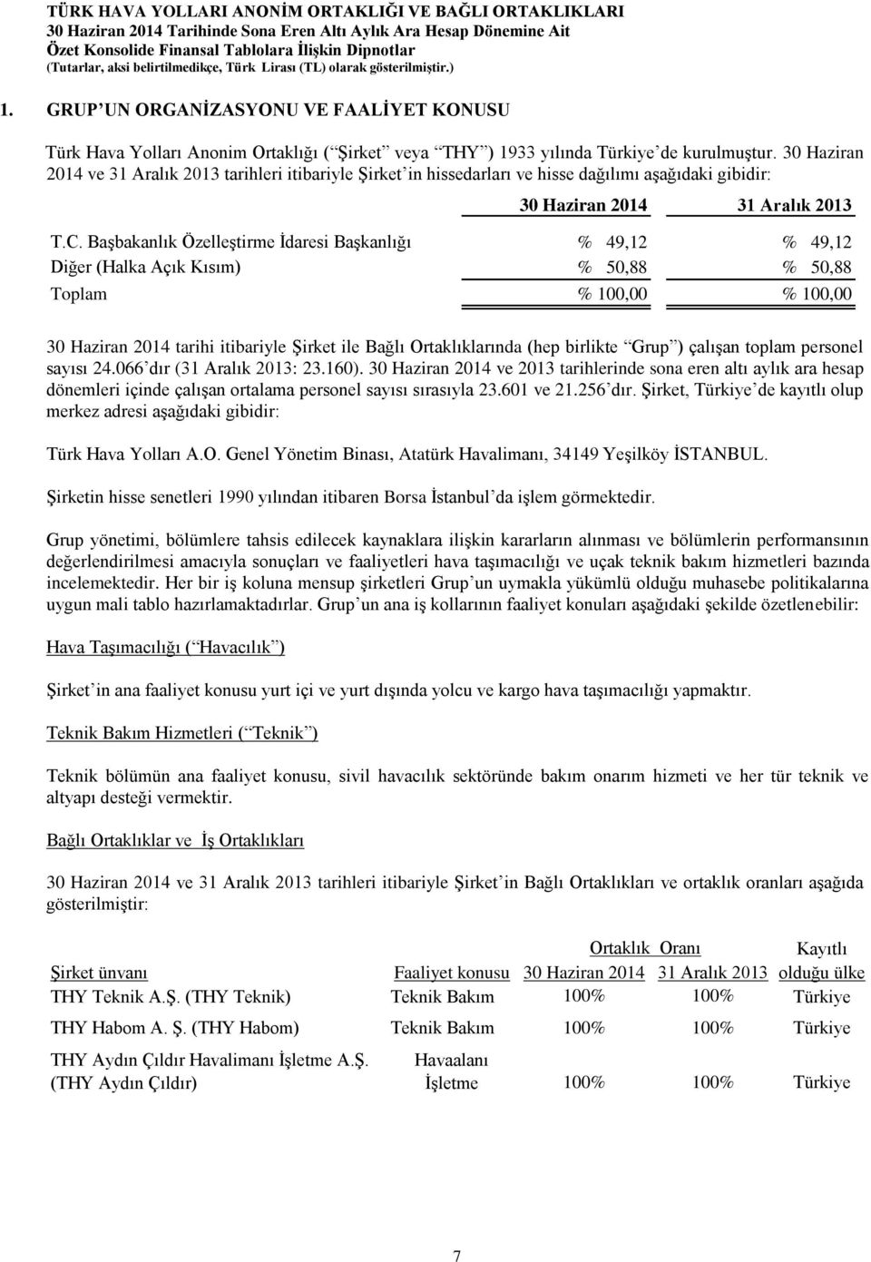 Başbakanlık Özelleştirme İdaresi Başkanlığı % 49,12 % 49,12 Diğer (Halka Açık Kısım) % 50,88 % 50,88 Toplam % 100,00 % 100,00 30 Haziran 2014 tarihi itibariyle Şirket ile Bağlı Ortaklıklarında (hep