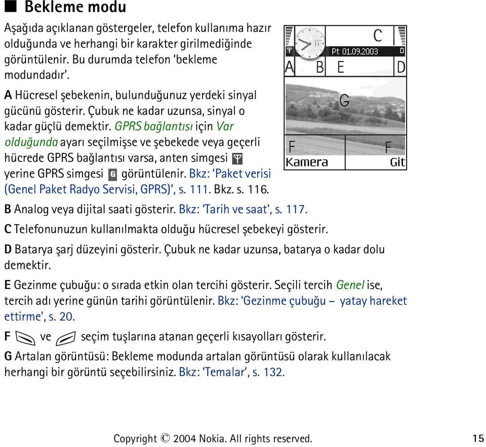 GPRS baðlantýsý için Var olduðunda ayarý seçilmiþse ve þebekede veya geçerli hücrede GPRS baðlantýsý varsa, anten simgesi yerine GPRS simgesi görüntülenir.