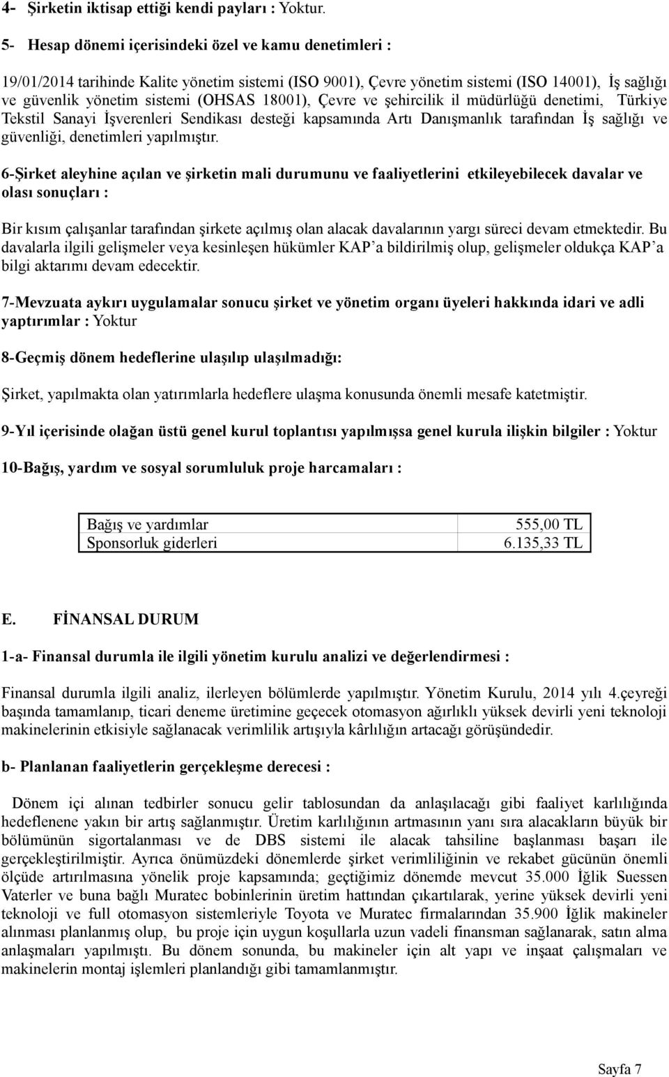 18001), Çevre ve şehircilik il müdürlüğü denetimi, Türkiye Tekstil Sanayi İşverenleri Sendikası desteği kapsamında Artı Danışmanlık tarafından İş sağlığı ve güvenliği, denetimleri yapılmıştır.