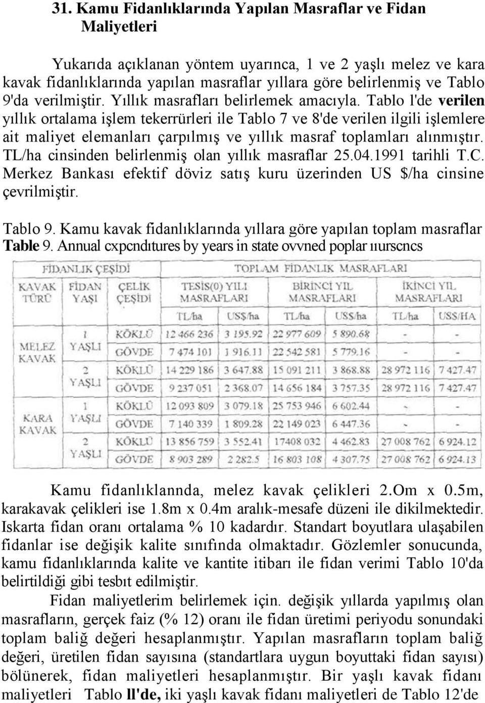 Tablo l'de verilen yıllık ortalama işlem tekerrürleri ile Tablo 7 ve 8'de verilen ilgili işlemlere ait maliyet elemanları çarpılmış ve yıllık masraf toplamları alınmıştır.