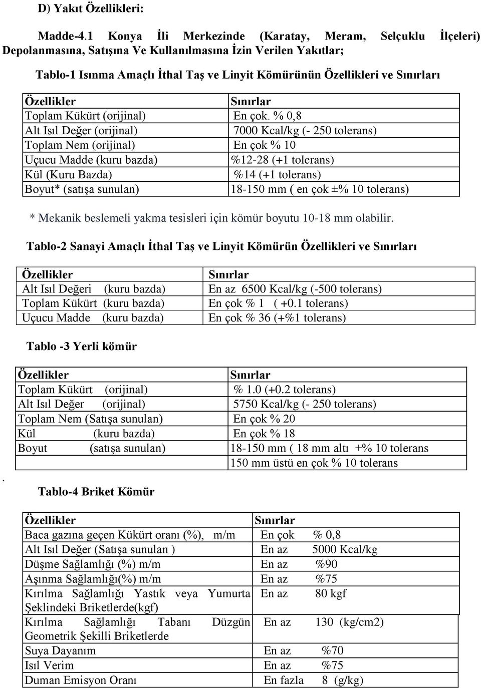 Sınırları Özellikler Sınırlar Toplam Kükürt (orijinal) En çok.