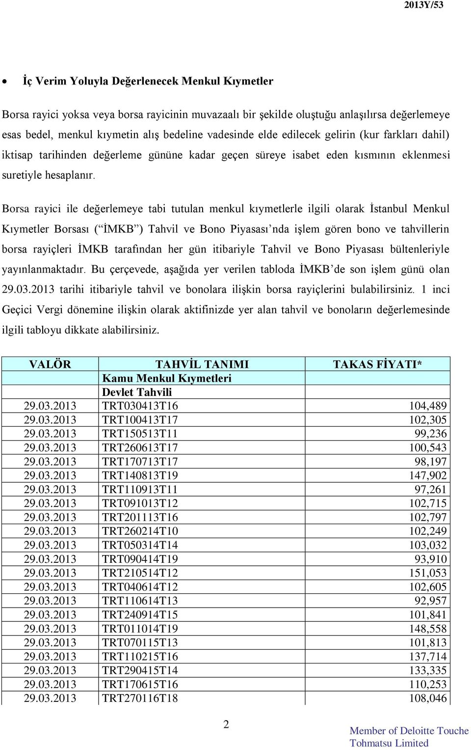 Borsa rayici ile değerlemeye tabi tutulan menkul kıymetlerle ilgili olarak İstanbul Menkul Kıymetler Borsası ( İMKB ) Tahvil ve Bono Piyasası nda işlem gören bono ve tahvillerin borsa rayiçleri İMKB