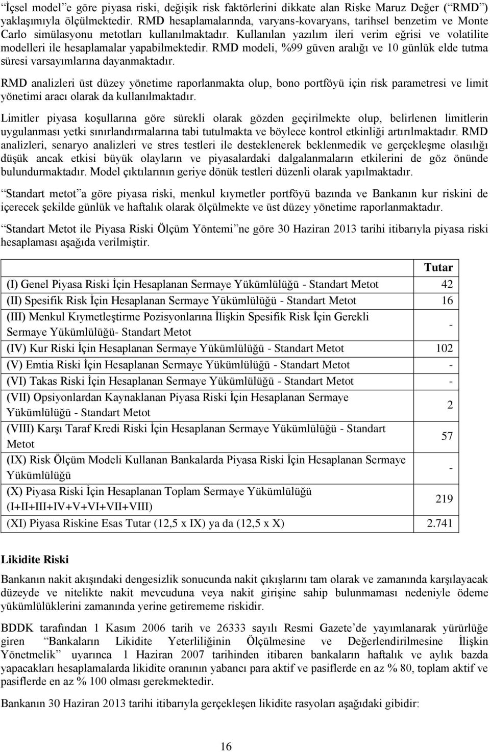 Kullanılan yazılım ileri verim eğrisi ve volatilite modelleri ile hesaplamalar yapabilmektedir. RMD modeli, %99 güven aralığı ve 10 günlük elde tutma süresi varsayımlarına dayanmaktadır.