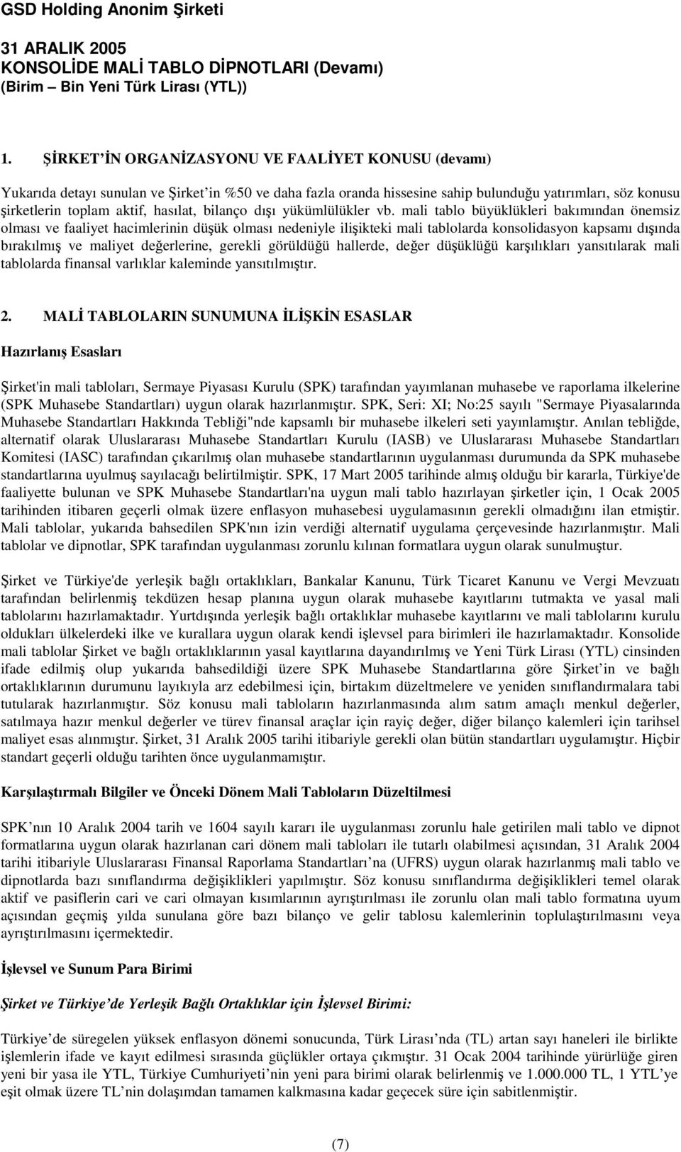 mali tablo büyüklükleri bakımından önemsiz olması ve faaliyet hacimlerinin düük olması nedeniyle iliikteki mali tablolarda konsolidasyon kapsamı dıında bırakılmı ve maliyet deerlerine, gerekli