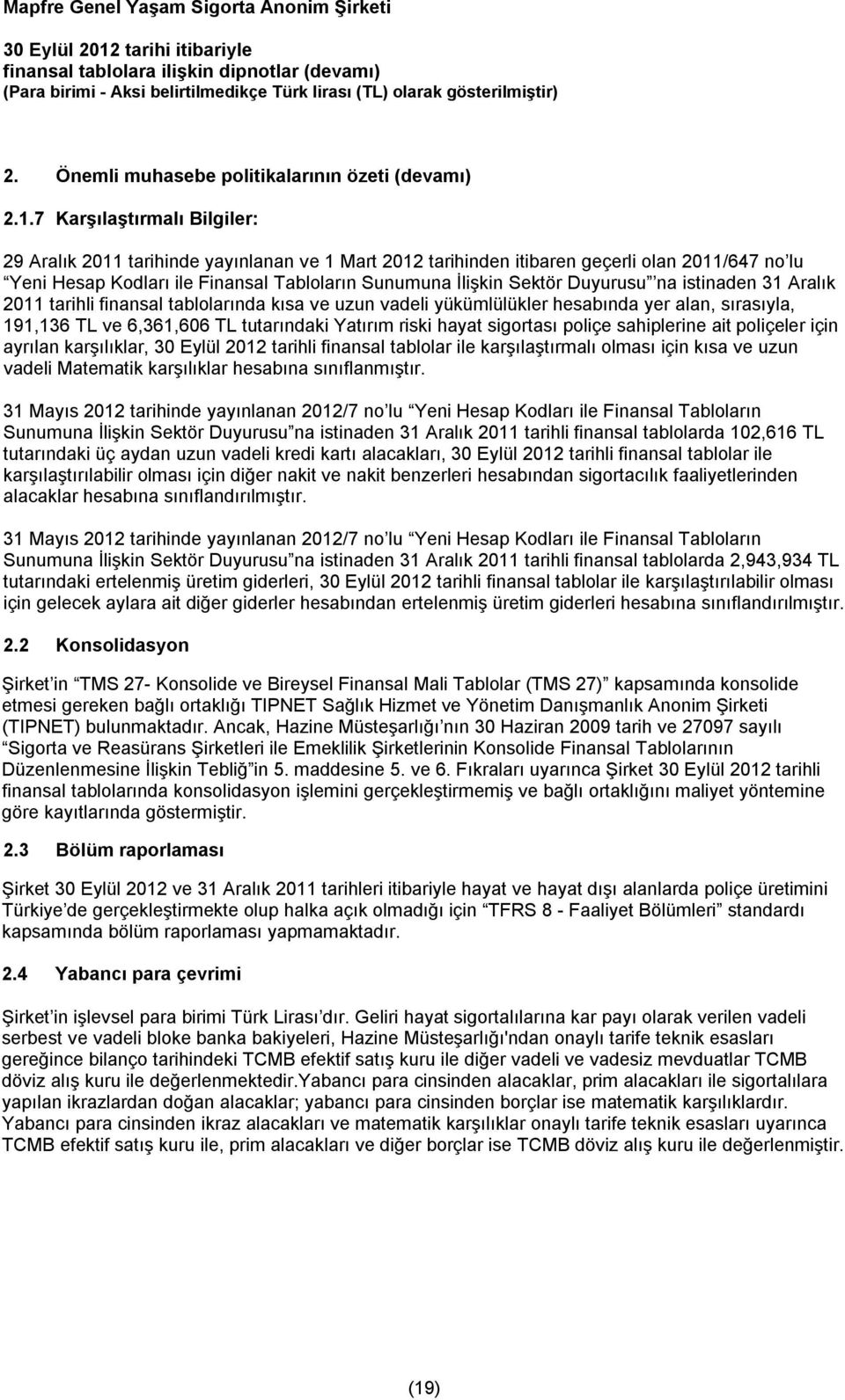 Duyurusu na istinaden 31 Aralık 2011 tarihli finansal tablolarında kısa ve uzun vadeli yükümlülükler hesabında yer alan, sırasıyla, 191,136 TL ve 6,361,606 TL tutarındaki Yatırım riski hayat