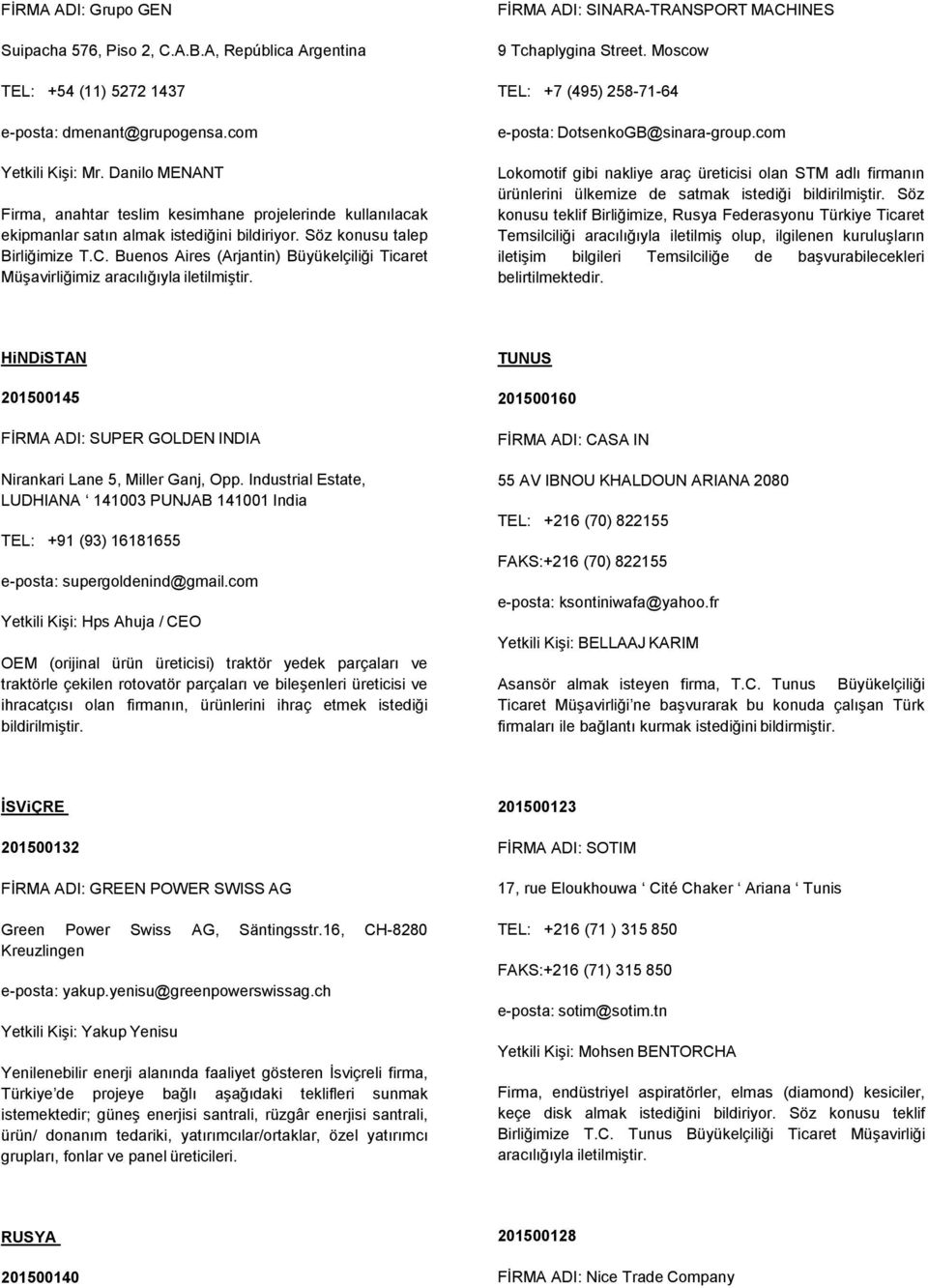 Buenos Aires (Arjantin) Büyükelçiliği Ticaret Müşavirliğimiz FİRMA ADI: SINARA-TRANSPORT MACHINES 9 Tchaplygina Street. Moscow TEL: +7 (495) 258-71-64 e-posta: DotsenkoGB@sinara-group.