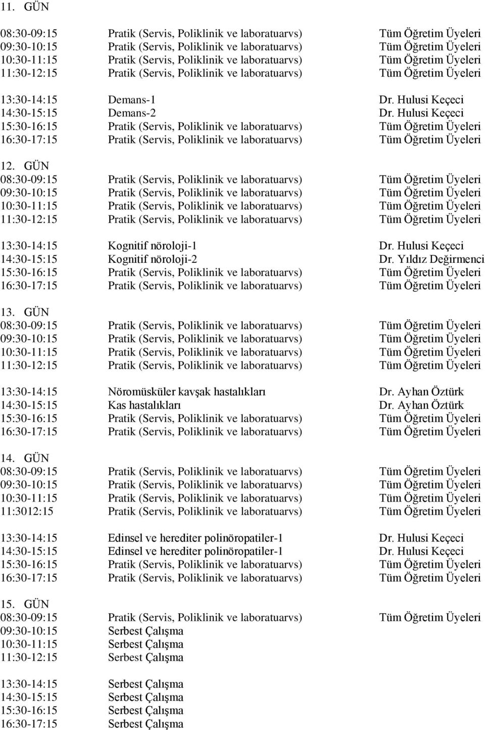 Hulusi Keçeci 15:30-16:15 Pratik (Servis, Poliklinik ve laboratuarvs) 16:30-17:15 Pratik (Servis, Poliklinik ve laboratuarvs) 12.