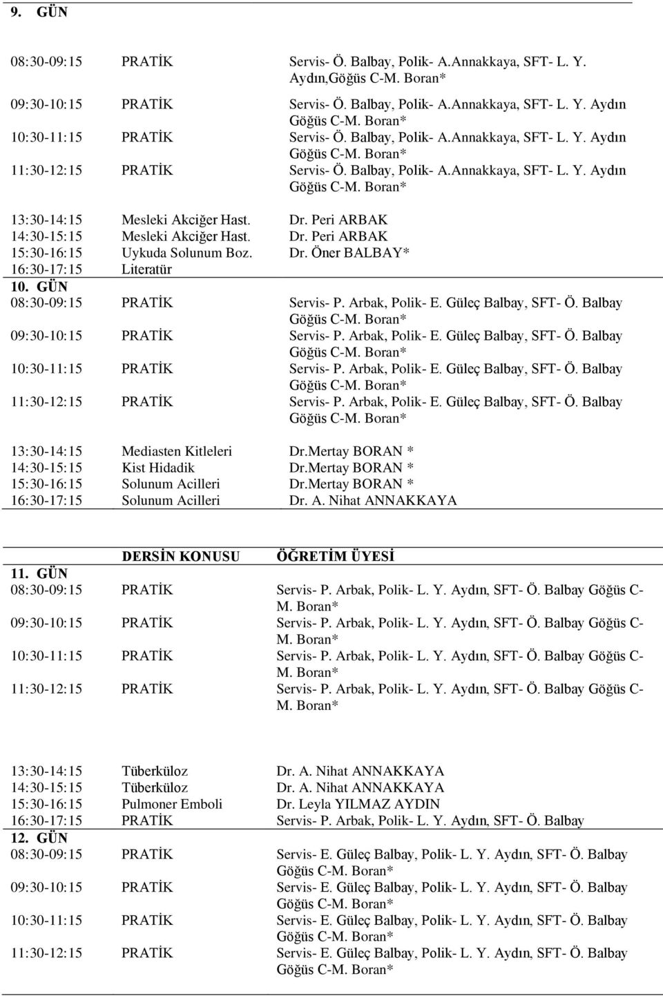 Peri ARBAK 14:30-15:15 Mesleki Akciğer Hast. Dr. Peri ARBAK 15:30-16:15 Uykuda Solunum Boz. Dr. Öner BALBAY* 16:30-17:15 Literatür 10. GÜN 08:30-09:15 PRATİK Servis- P. Arbak, Polik- E.