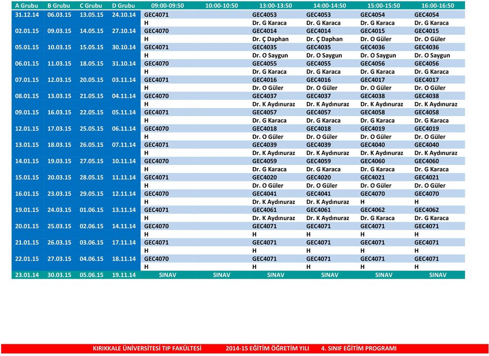 O Saygun Dr. O Saygun Dr. O Saygun Dr. O Saygun 06.01.15 11.03.15 18.05.15 31.10.14 GEC4070 GEC4055 GEC4055 GEC4056 GEC4056 H Dr. G Karaca Dr. G Karaca Dr. G Karaca Dr. G Karaca 07.01.15 12.03.15 20.