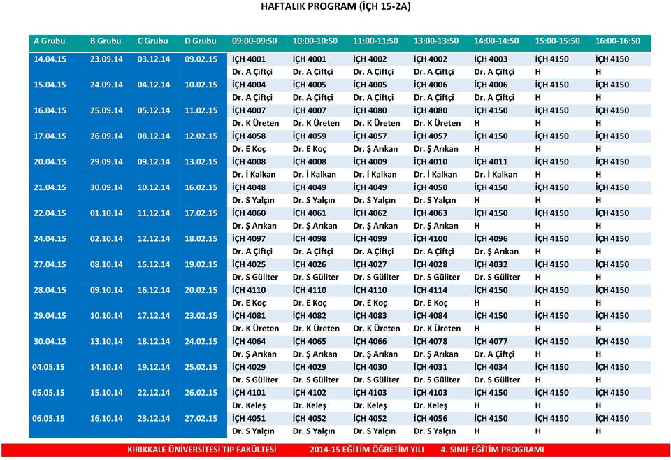 A Çiftçi Dr. A Çiftçi Dr. A Çiftçi Dr. A Çiftçi Dr. A Çiftçi H H 16.04.15 25.09.14 05.12.14 11.02.15 İÇH 4007 İÇH 4007 İÇH 4080 İÇH 4080 İÇH 4150 İÇH 4150 İÇH 4150 Dr. K Üreten Dr. K Üreten Dr. K Üreten Dr. K Üreten H H H 17.