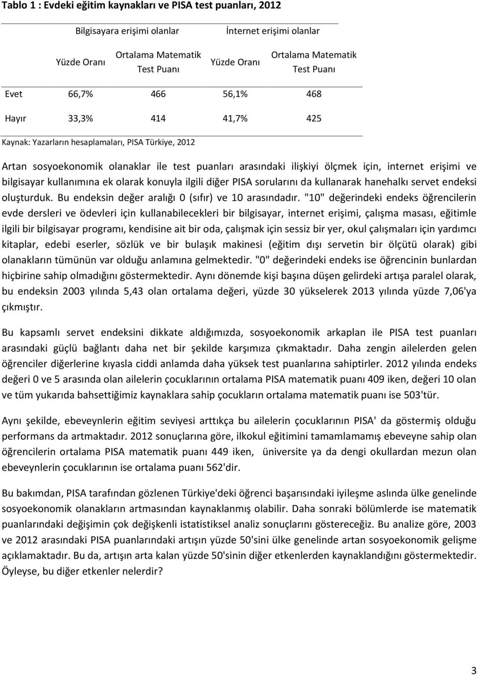 erişimi ve bilgisayar kullanımına ek olarak konuyla ilgili diğer PISA sorularını da kullanarak hanehalkı servet endeksi oluşturduk. Bu endeksin değer aralığı 0 (sıfır) ve 10 arasındadır.