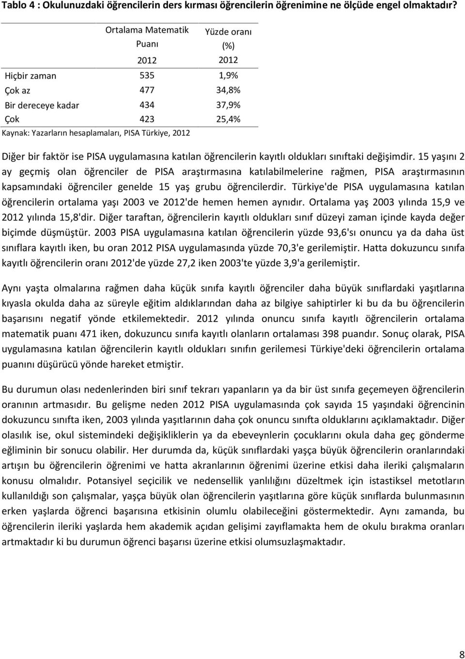 faktör ise PISA uygulamasına katılan öğrencilerin kayıtlı oldukları sınıftaki değişimdir.