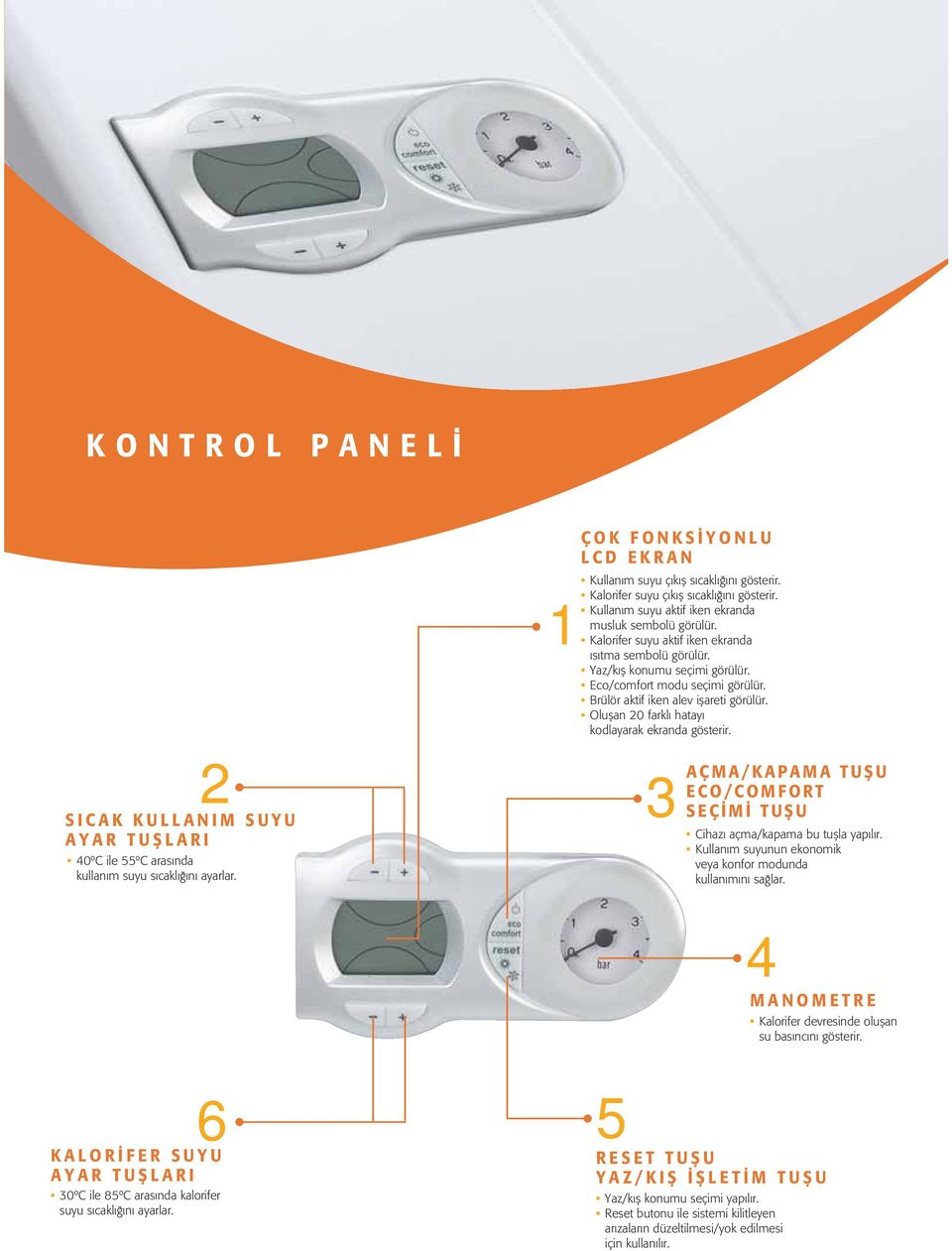 Eco/comfort modu seçimi görülür. Brülör aktif iken alev iflareti görülür. Oluflan 20 farkl hatay kodlayarak ekranda gösterir.