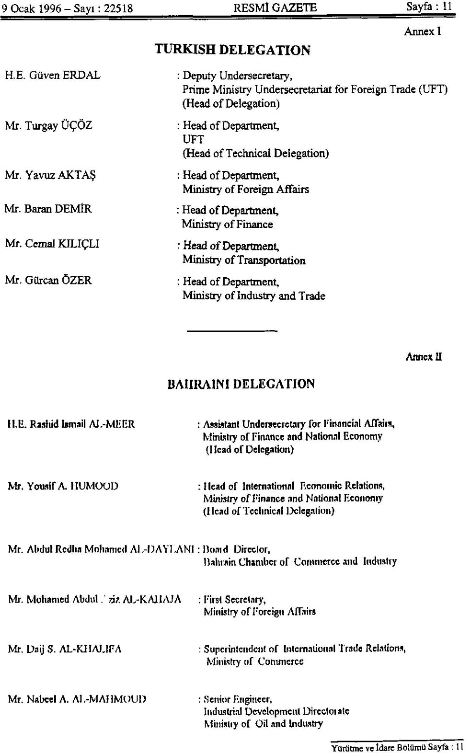 Ministry of Foreign Affairs : Head of Department, Ministry of Finance : Head of Department, Ministry of Transportation : Head of Department, Ministry of Industry and Trade Annex II BAIIRAINI