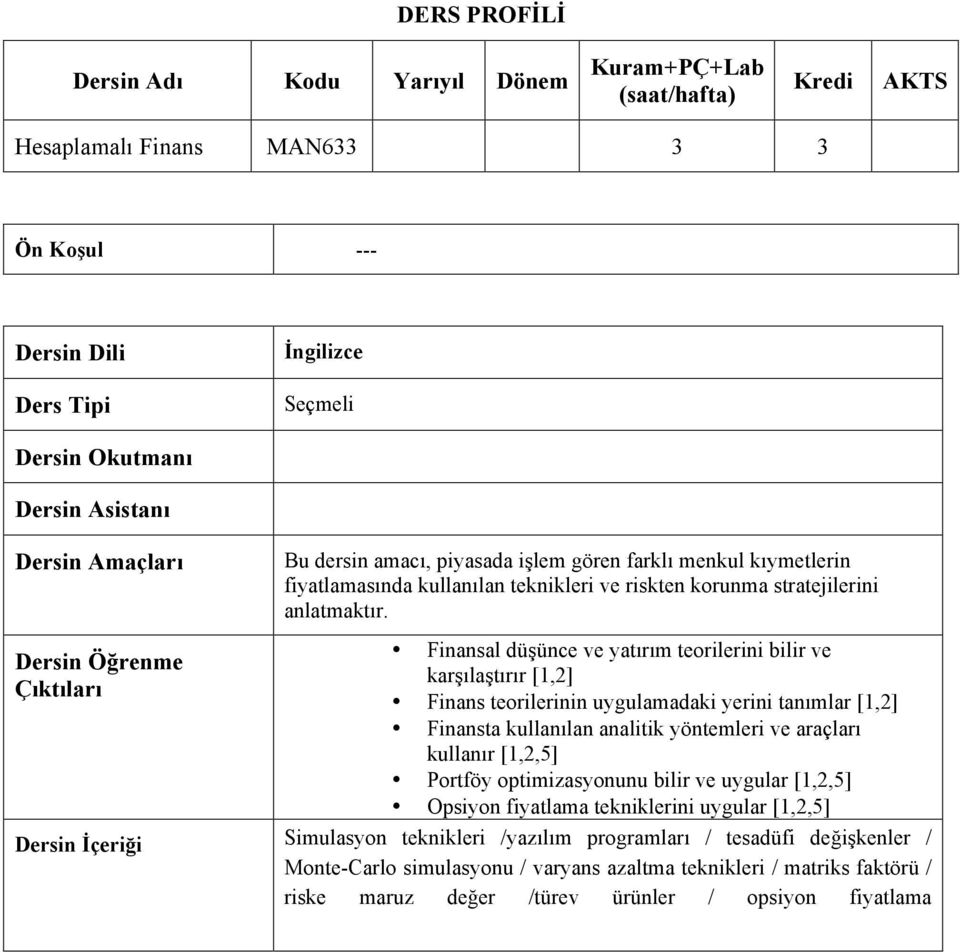 Dersin Öğrenme Çıktıları Finansal düşünce ve yatırım teorilerini bilir ve karşılaştırır [1,2] Finans teorilerinin uygulamadaki yerini tanımlar [1,2] Finansta kullanılan analitik yöntemleri ve